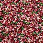 RJR Cotton Fabric Packed Red, Pink, & Gold Flowers, Green Foliage, 1/2 