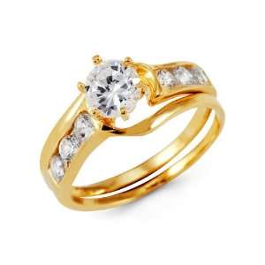  Solid 14k Yellow Gold Round CZ Bride Wedding Rings Set 