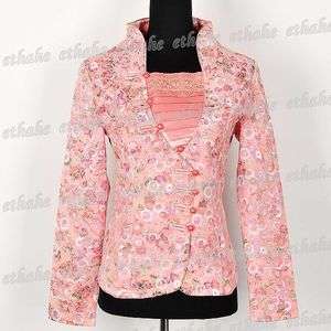 Chinese U neck Floral Jacket Blazer Pink ELCJIF  