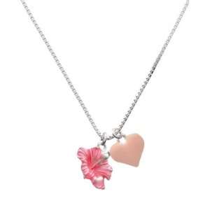  Hot Pink Hibiscus Flower and Pink Heart Charm Necklace 
