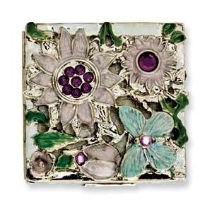  Silver tone Textured Lavender Enameled Floral Square Brass 