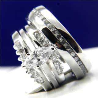 3pcs His Hers Engagement Wedding Band Ring Set Marquise Cut Mens and 