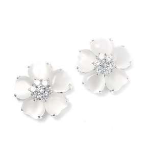    Flower Earrings with White Cats Eye Stones and CZ 