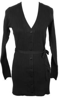   Neck Ribbed Cardigan Sweater, Button Front, Self Tie Sash BLACK  