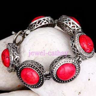   Red TURQUOISE Beads and Tibet Silver Inlaid Gemstone Cuff Bracelet