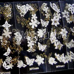 15 Nail Art Stickers Gold & White Flowers Decals VG  