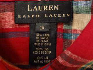 Womens Ralph Lauren Red White Blue Plaid Linen Long Sleeved Logo Shirt 