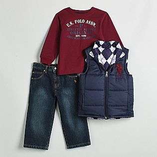 Toddler Boys Vest, Long Sleeve Crew, Medium Wash Denim Set  US Polo 