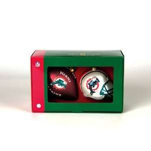 Set of 2 NFL Miami Dolphins Ball and Helmet Glass Christmas Ornaments