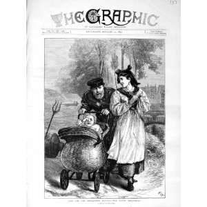   1872 Family Baby Pram Soldiers Woman Country Old Print