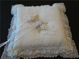   HANDKERCHIEF WEDDING RING BEARER PILLOW RUFFLED LACE CHEMICAL LACE