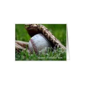  Happy Birthday Son, worn baseball in glove in grass Card 