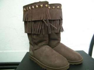 JIMMY CHOO UGG BROWN FRING boots suede STAR STUDS cho  