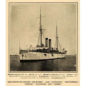 1907 Print Semi protected Cruiser Des Moines Ship Navy   Original 