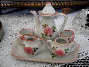 Dollhouse Miniature Porcelain Tea Set w Tray~Pink & Wht  