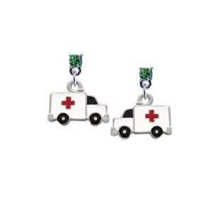  Ambulance with Cross Peridot Swarovski Post Charm Earrings 