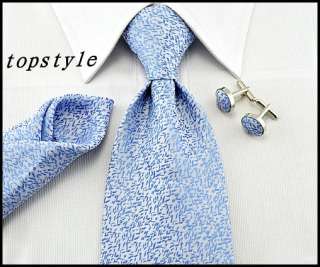   handmade silk mens ties cufflinks hanky NeckTies set blue white #178