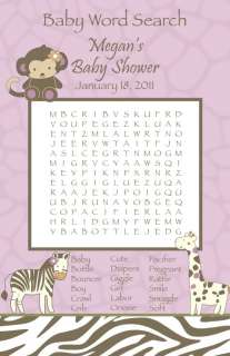   Jacana Baby Shower Word Search Game Cards   Monkey, Zebra  
