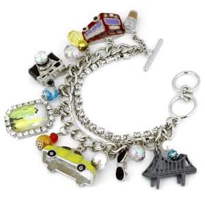 Travel Charm Bracelet; 8.5L; Silver Metal; Clear Rhinestones; Travel 