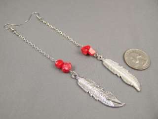 Silver red coral feather chain dangle 5 long earrings  
