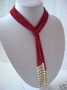 5MM Charming Red Coral & White Pearl Scarf Necklace 50  