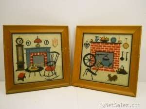   Hand Sewn Embroidery Fireplace and Rocking Chair Pictures 12x12 Frames