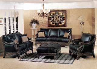   Wood Real Black Leather Sofa & Loveseat 2 Pc Living Room Set  