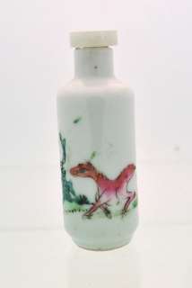   Porcelain Chinese Snuff Bottle w/ Gray Jade Lid Handpainted Horse