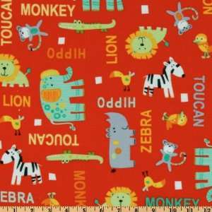  44 Wide Zoo Friends Flannel Tossed Animals Red Fabric By 