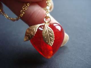 Large Red VINTAGE Glass Heart/Gold Leaf Charm Necklace  