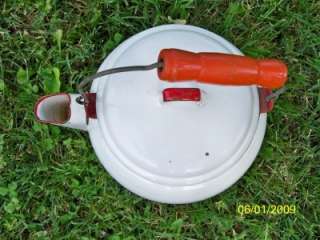 Vintage Retro Red/White Tea pot Kettle Enamel paint Red wood handle 