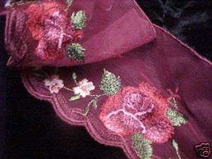Embroidered SHEER FLOWER TRIM 4 tulle FRANCE WINE RED  