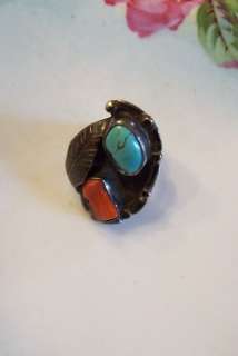 Vintage Sterling Coral & Turquoise Southwest Ring  