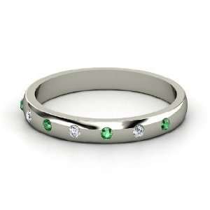  Button Band, 14K White Gold Ring with Diamond & Emerald 