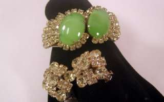 Vintage Green Art Glass Rhinestone Clamper Bracelet +  