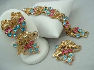 VTG Rhinestone Bracelet Earrings Pin Set Pink Blue  