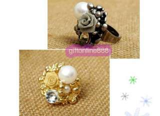 F003G Fashion lady rose flower pearl finger ring gold  