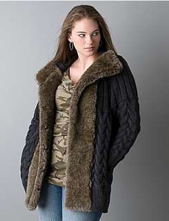 Cable knit cardigan with faux fur trim by DKNY JEANS  Lane Bryant