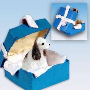  Cocker Spaniel Blue Gift Box Dog Ornament   Parti Brown 