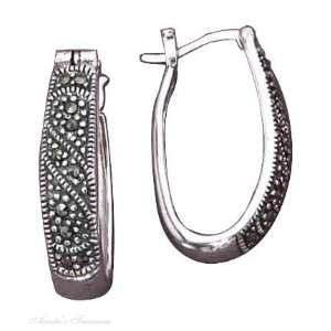  Sterling Silver Marcasite Hoop Earrings S Shaped Design 