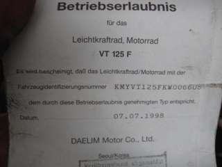 DAELIM VT 125 F Rahmen Betriebserlaubnis Brief  