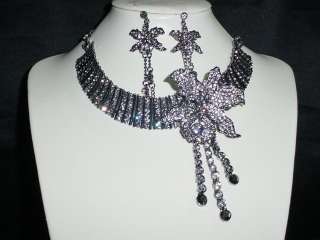 ANTIQUE BLACK CRYSTAL ORCHID NECKLACE & EARRINGS SET  