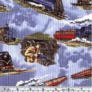  45 Wide Michael Miller Trains and Conductors Blue Fabric 