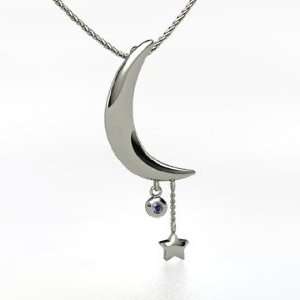    Moon and Star Pendant, 14K White Gold Necklace with Iolite Jewelry