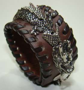 MEN Brown Leather Gothic DRAGON Cuff Wristband Bracelet  