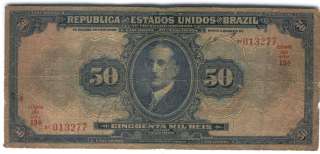 BRASIL BRAZIL NOTE 50 MIL REIS 1924 F   
