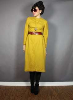   60s Rare Zipper Slvs. BEATNIK Mustard Wool Wiggle Dress M  