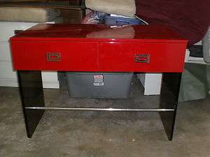 HOT MOD CHINOISERIE 70S RED LACQUER LUCITE CHROME DESK  