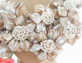 Fresh Water cultured pearl, white fancy and potato pearl, shell flower 
