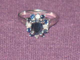 14K White Gold Blue Oval Sapphire Diamond Ring size 6  